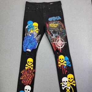 GFTD Los Angeles Jeans Mens 30x30 Black Skull Graphic Skinny Stretch Denim Pants